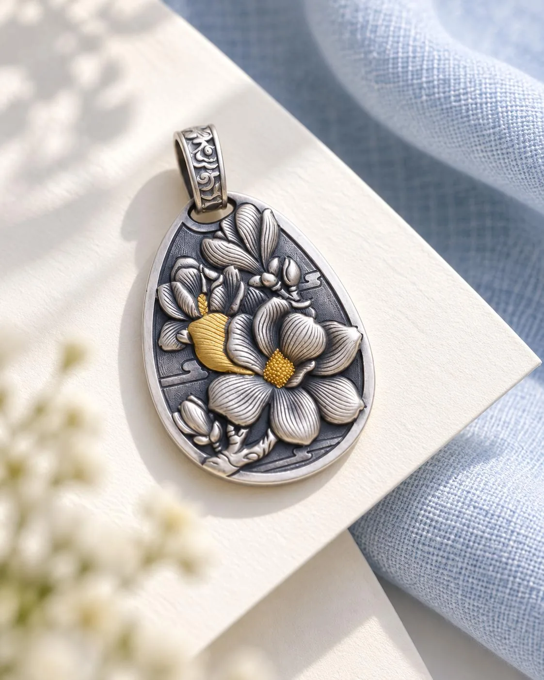 Magnolia silver pendant in a bright editorial setting