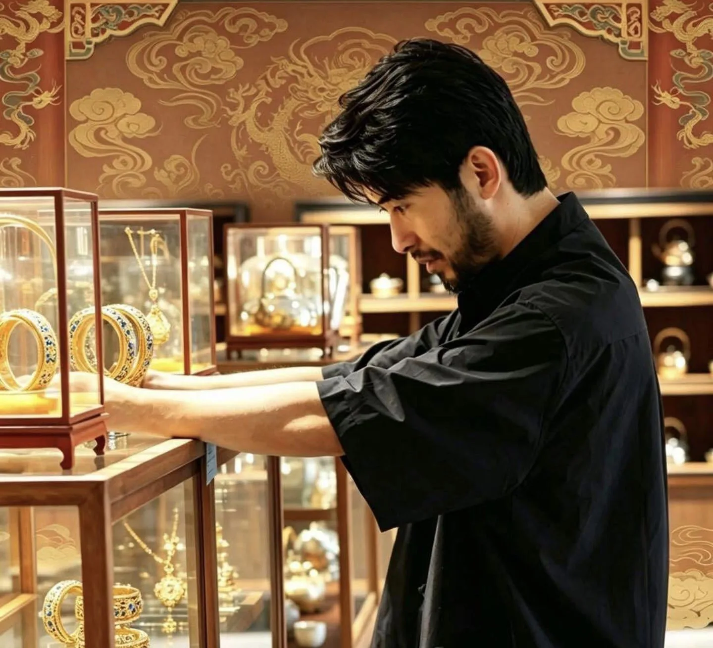 Shibo Jiang in the showroom — every step from design to finished piece happens in his workshop